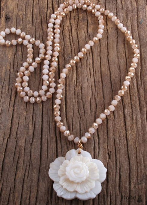 Boho Necklace, RH Crystal White Rose